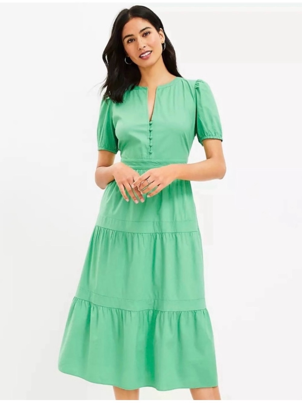 LOFT Kelly Green Tiered Midi Dress with Button-Front